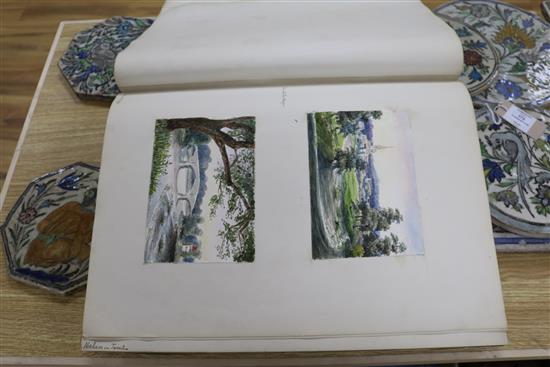 A Victorian album of architectural and other watercolours and a small sketchbook, 4.5 x 9.5in and 10.5 x 14in (approx 70)